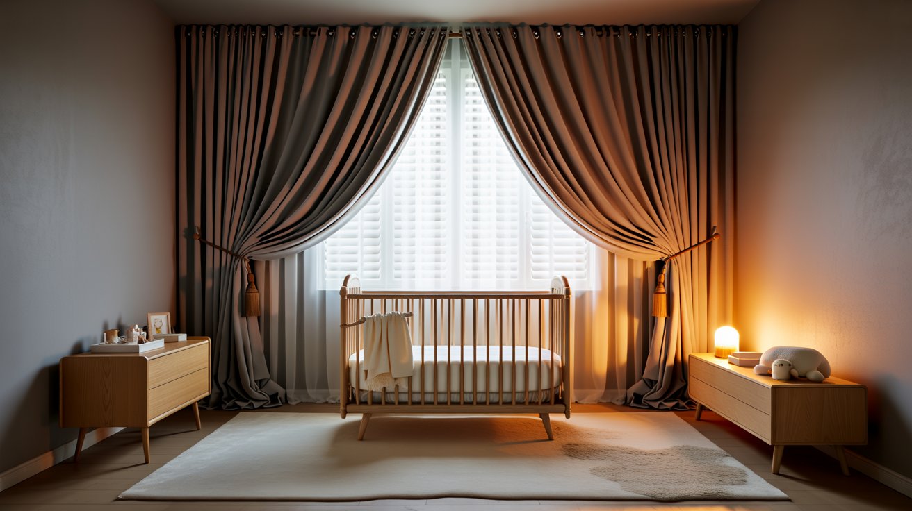 Cozy bedroom with plantation shutters and blackout curtains creating a dark, peaceful, and restful sleeping environment.