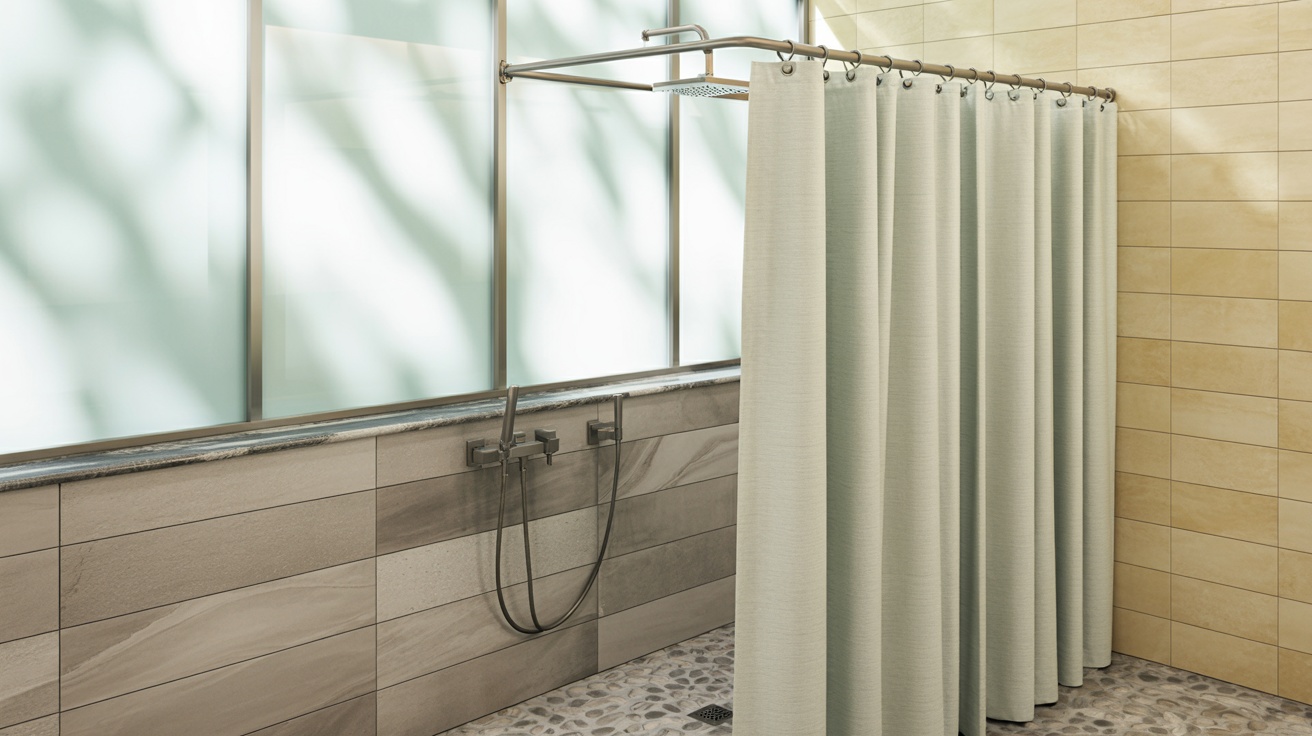 Walk-in shower with a half-tiled wall and curtain combination for improved water containment.