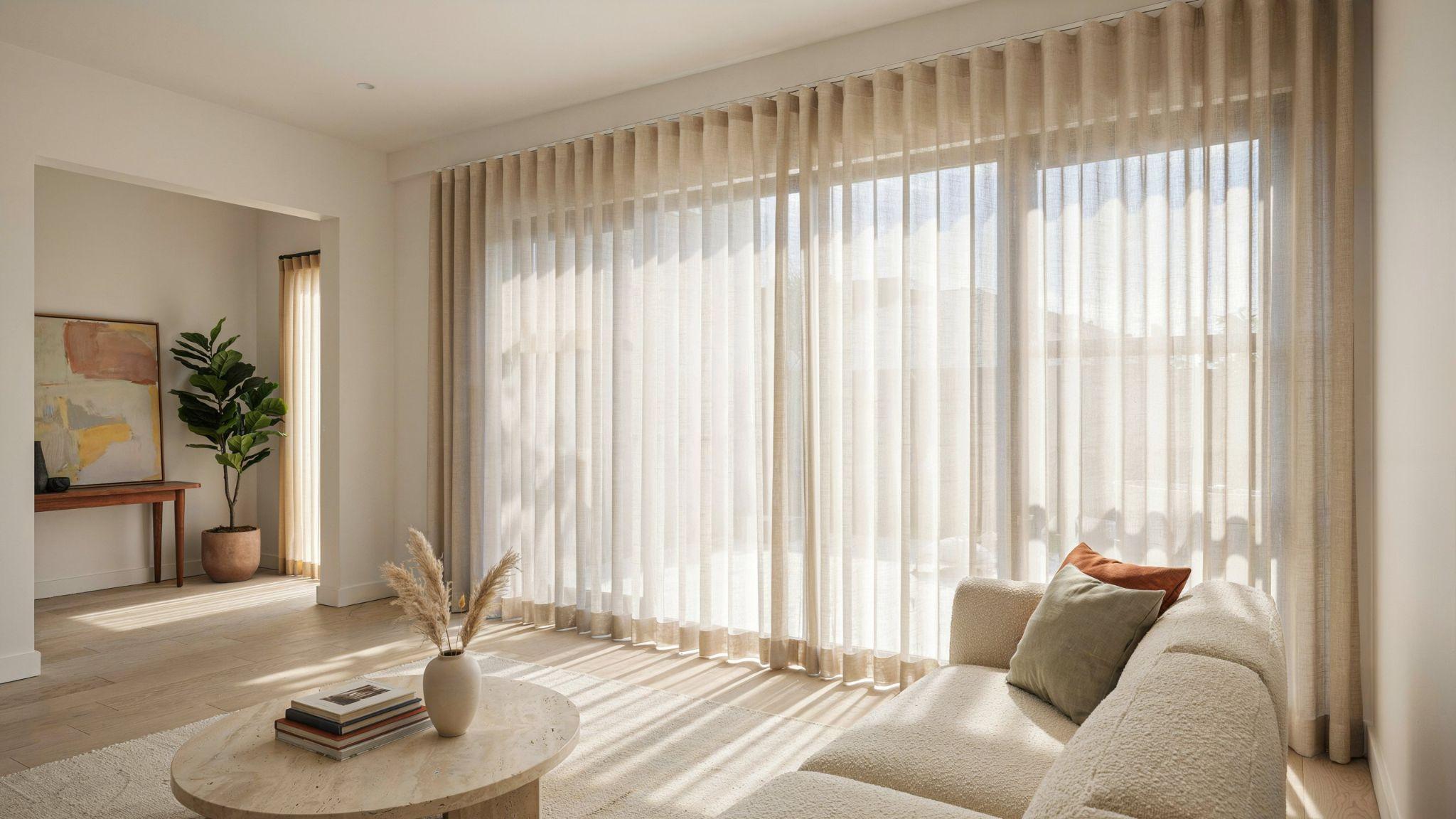Modern fabric vertical blinds with wide neutral vanes creating a fresh contemporary look in the living room.