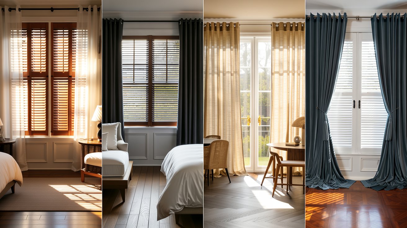 Collage of stylish modern rooms showing plantation shutters paired with different curtain styles for living, bedroom, dining, and lounge spaces.