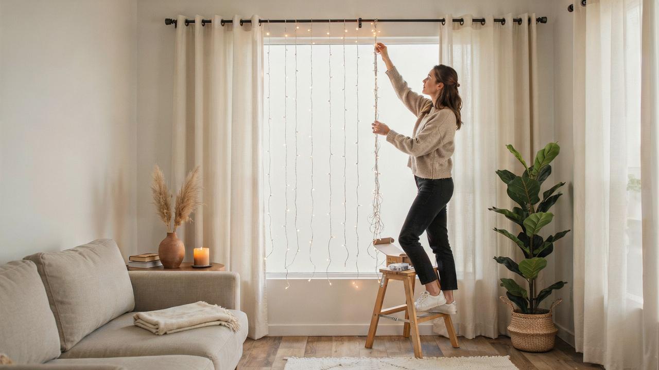 A person carefully installing curtain lights evenly across a window in a cozy modern room.