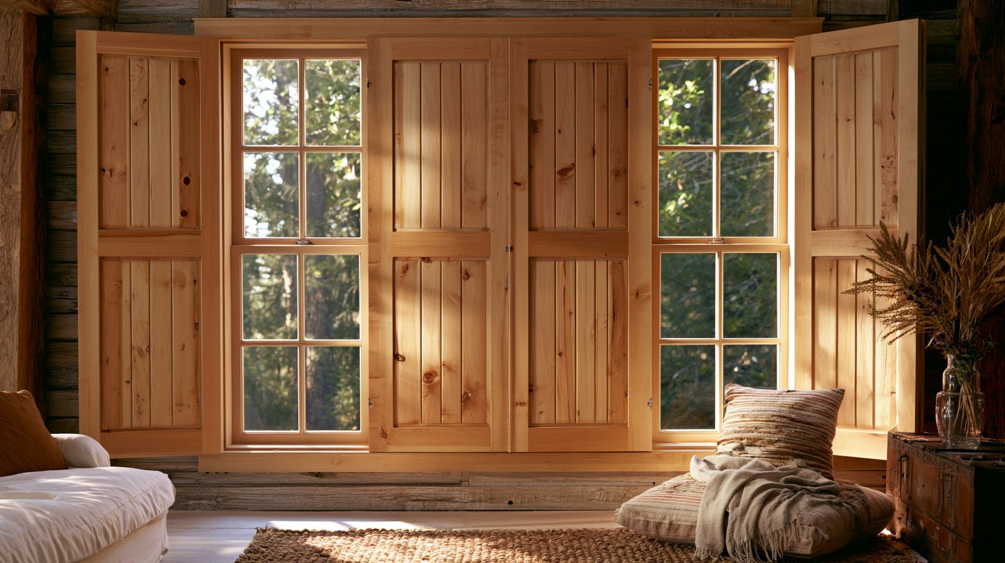 Solid wood panel shutters closed over a window in a cozy room.