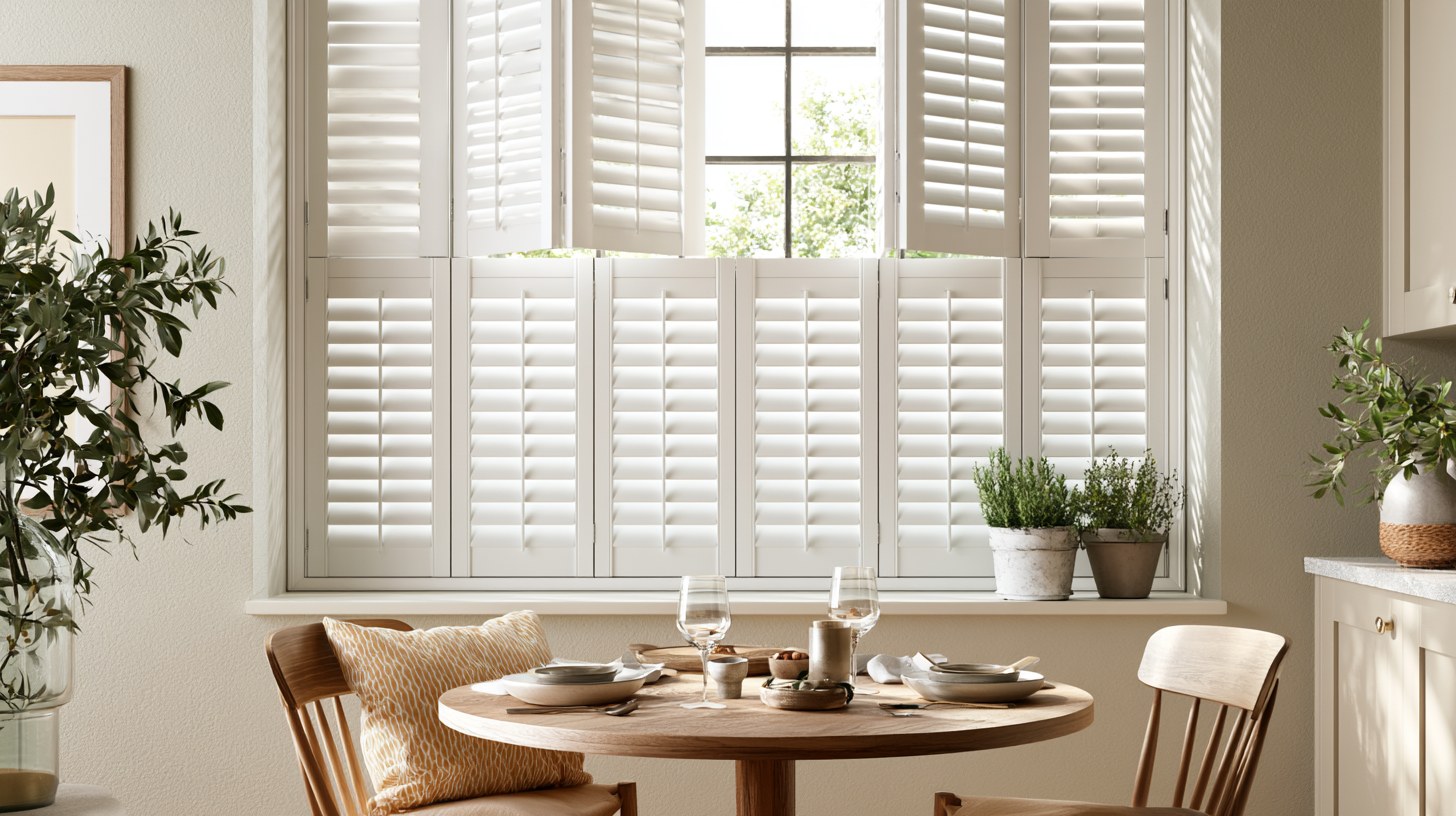 White café shutters cover a kitchen window's lower half, letting daylight in above.
