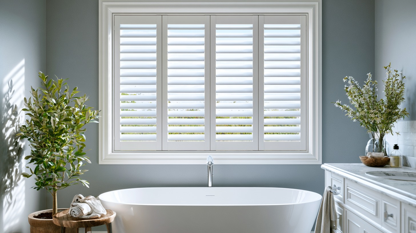 White vinyl plantation shutters on a bathroom window, bright and clean modern interior design.