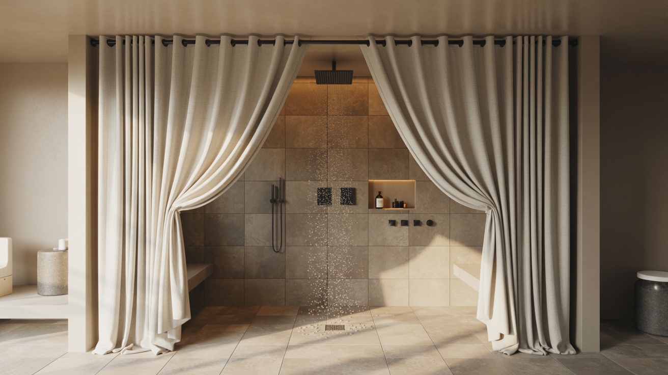 Oversized walk-in shower featuring an extra-wide curtain for complete coverage.