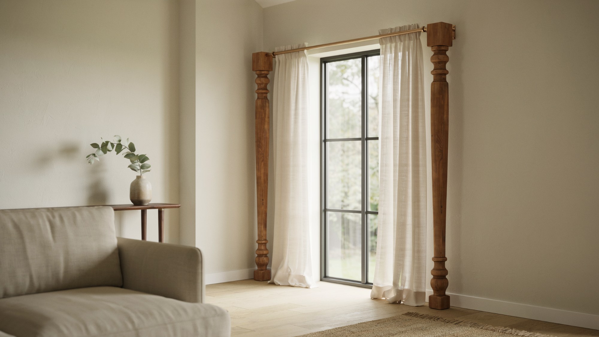 living room with wooden curtain rod supported by wall mounted furniture leg brackets on both sides of window warm modern DIY interior setup scene.