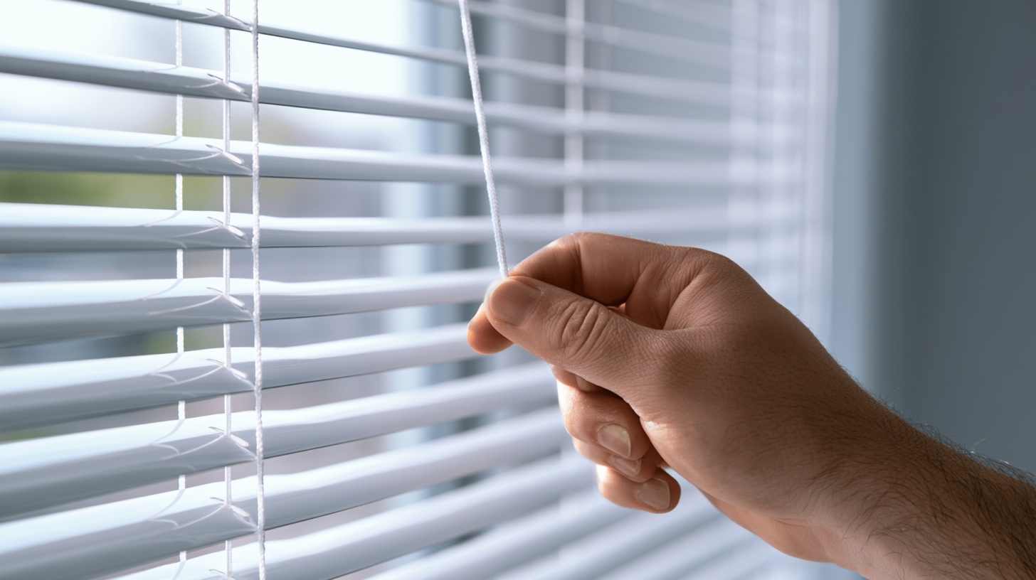 Hand pulling a single white cord to lower and lock venetian window blinds indoors.
