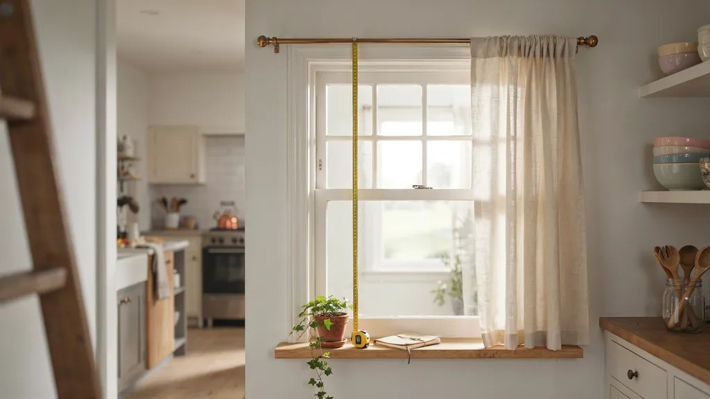 Measuring the height for cafe curtains.