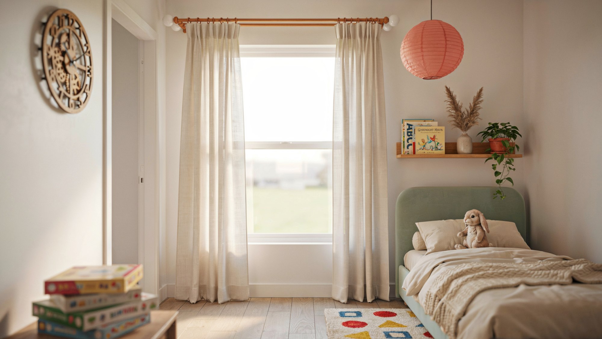 kids room with wooden curtain rod and colorful ping pong ball finials playful creative bright interior scene.
