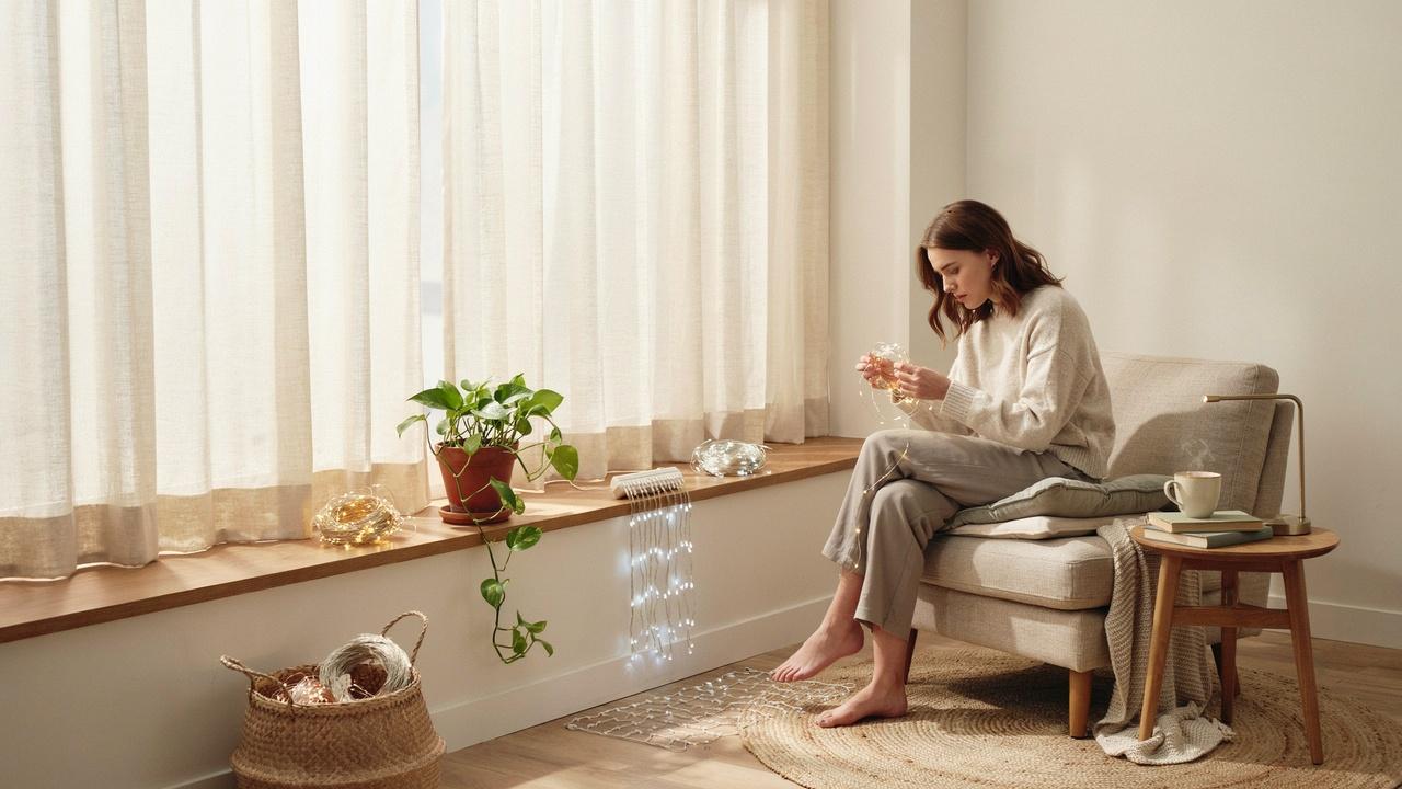 A person choosing between different styles of curtain lights in a cozy modern room before installation.