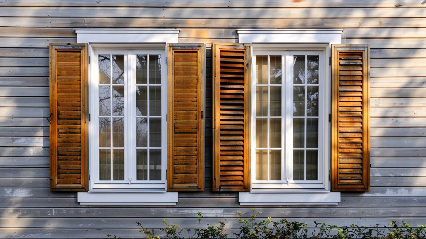 Cozy house exterior with two windows side by side, one with flat decorative shutters fixed on the sides, one with functional louvered shutters partly closed.