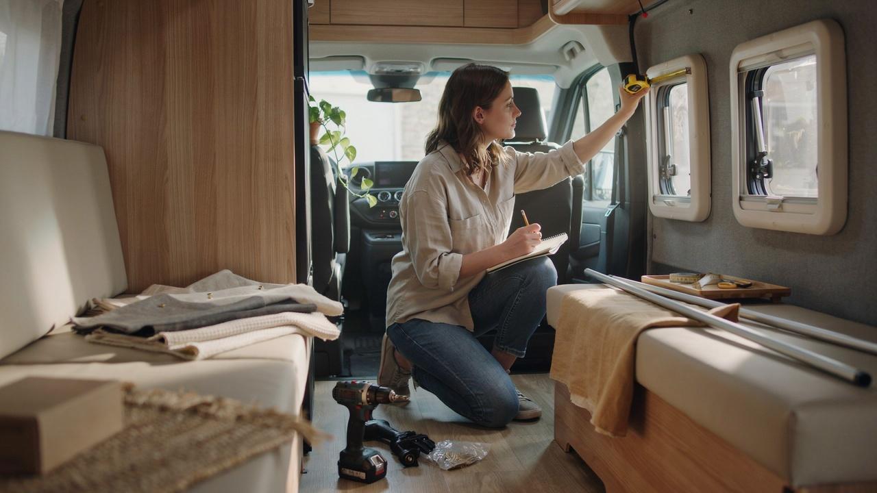 Woman measuring camper windows and noting dimensions to cut fabric and install curtain rods
