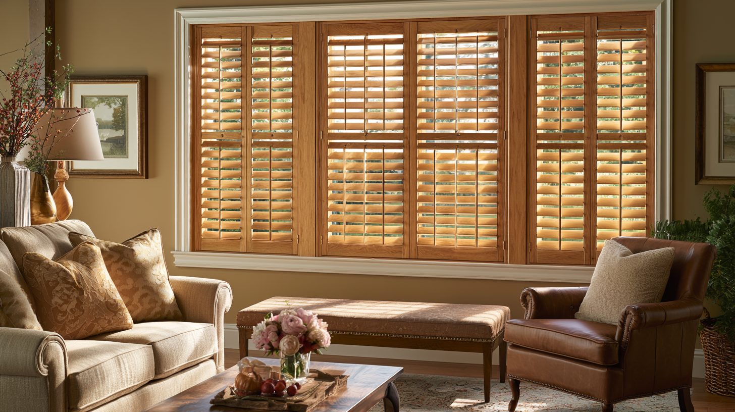 Classic wood plantation shutters on a large window in a warm, cozy living room.