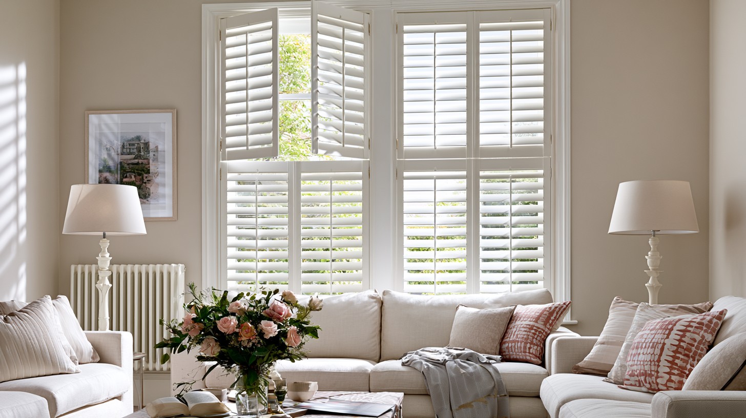 Tier on tier white shutters with open top panel above a cream sofa in a living room.