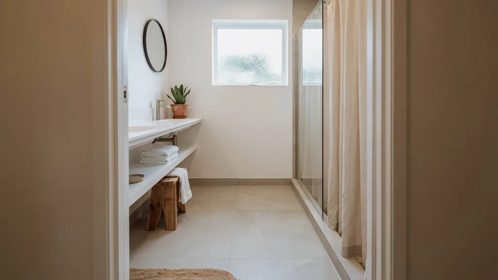 Small walk-in shower with a space-saving curtain in a compact bathroom layout.