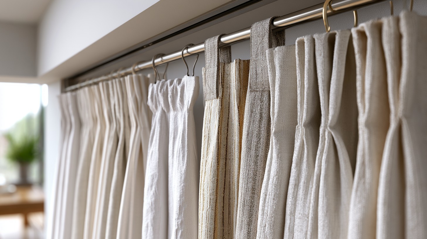 Different curtain top styles on rod and track with white linen fabric in the modern room.