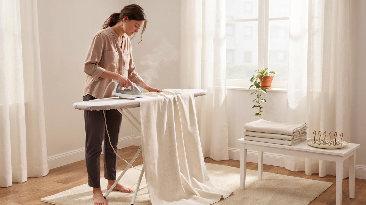 A person ironing curtain panels to prepare them before hanging with hooks and rings.