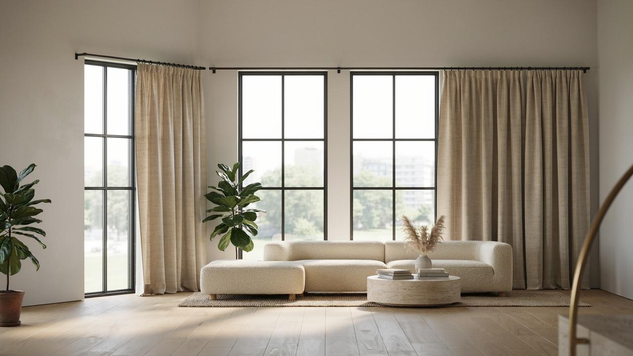 Classy living room window featuring two curtain panels hanging symmetrically on either side of the window.