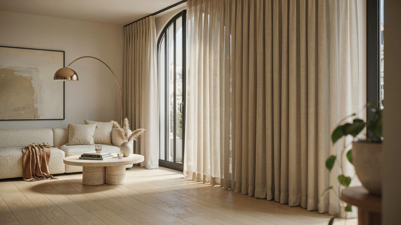 Classy Euro pleat curtains with pinched folds below the top edge in a stylish modern living room.