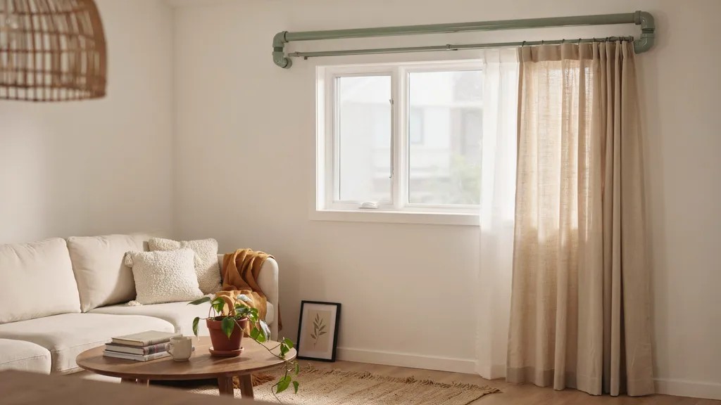 budget DIY interior with painted PVC pipe curtain rod simple window setup clean modern home lighting scene.
