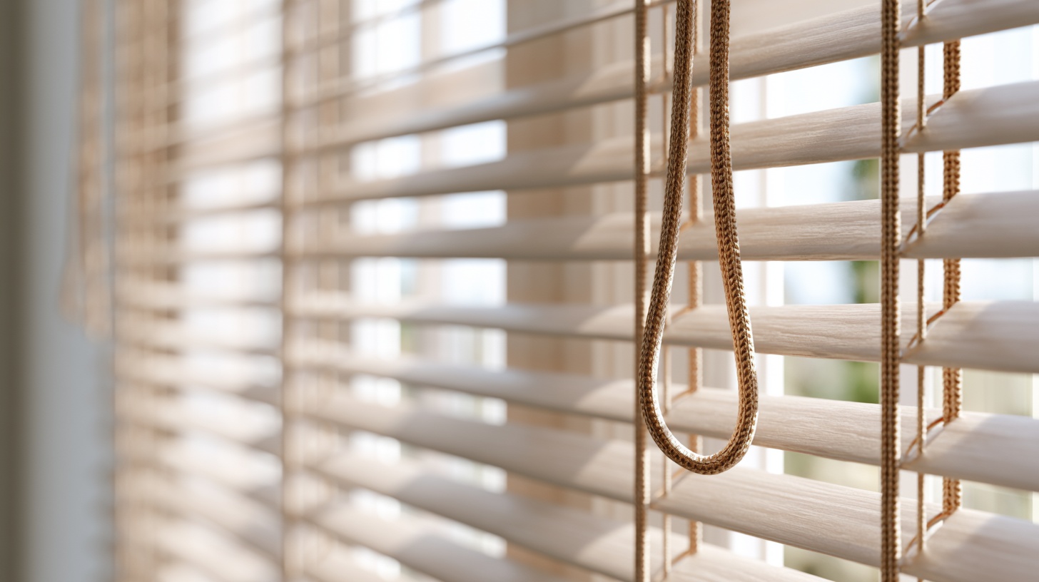 Close view of window blinds with a hanging cord loop beside sunlit slats inside a bright room window.