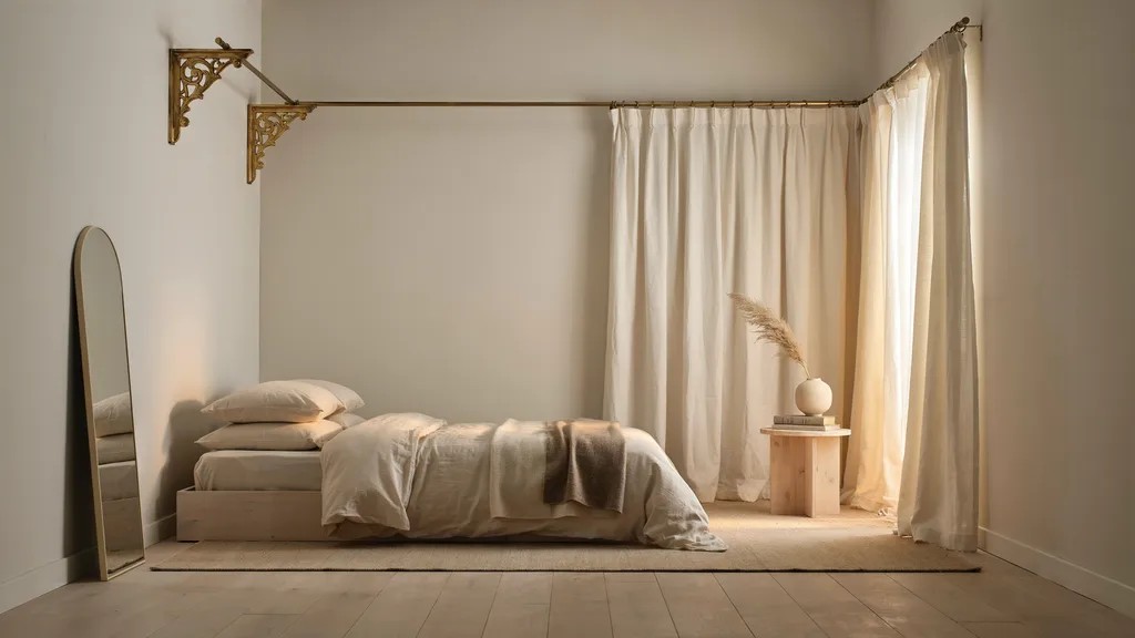 classy bedroom with gold brackets supporting closet rod curtain rod warm luxury minimal interior lighting scene.