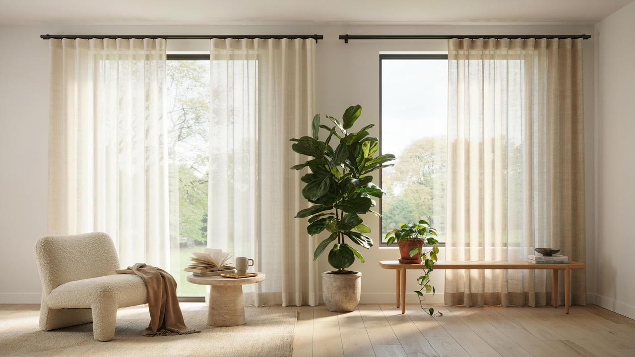 Modern living room with sheer and semi-sheer curtains illustrating the choice between maximum light and added privacy.