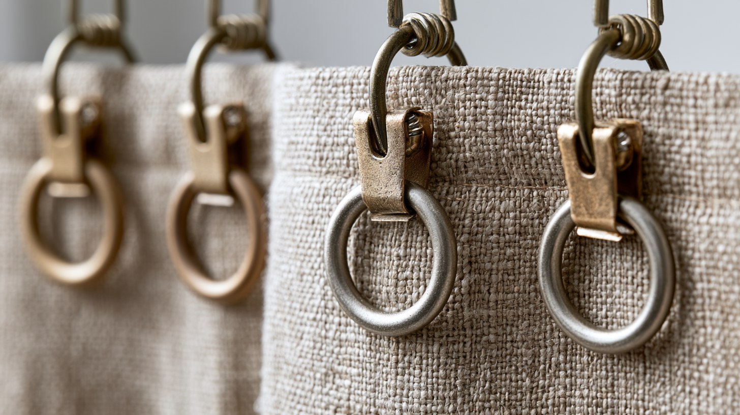 Curtain clip rings, metal rings with small spring clips attached, holding the top edge of a linen curtain panel without any stitching.