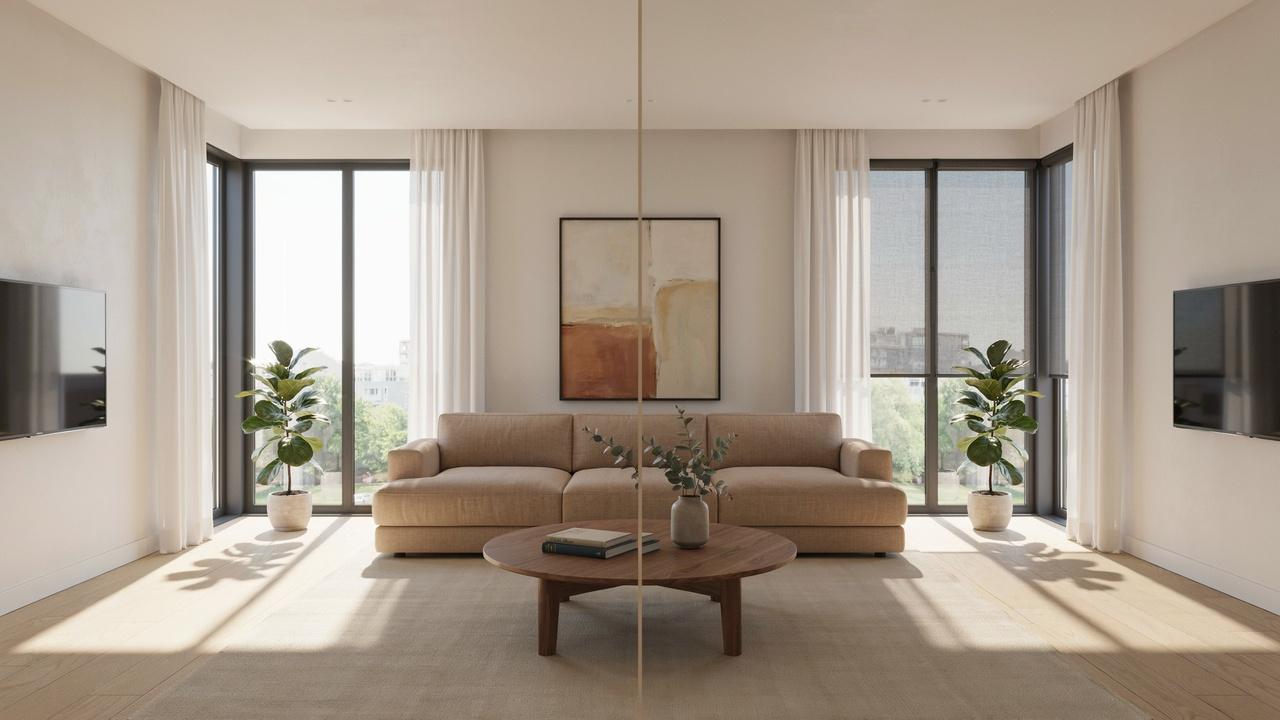 Side-by-side interior view showing a room before and after solar screens with reduced glare and softer natural light.