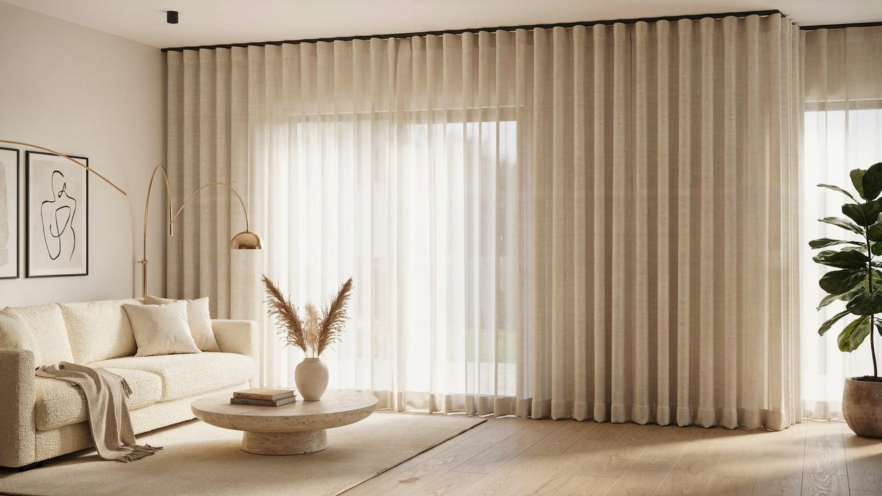 Modern wave pleat curtains with smooth, continuous ripple folds hanging in a bright contemporary living room.