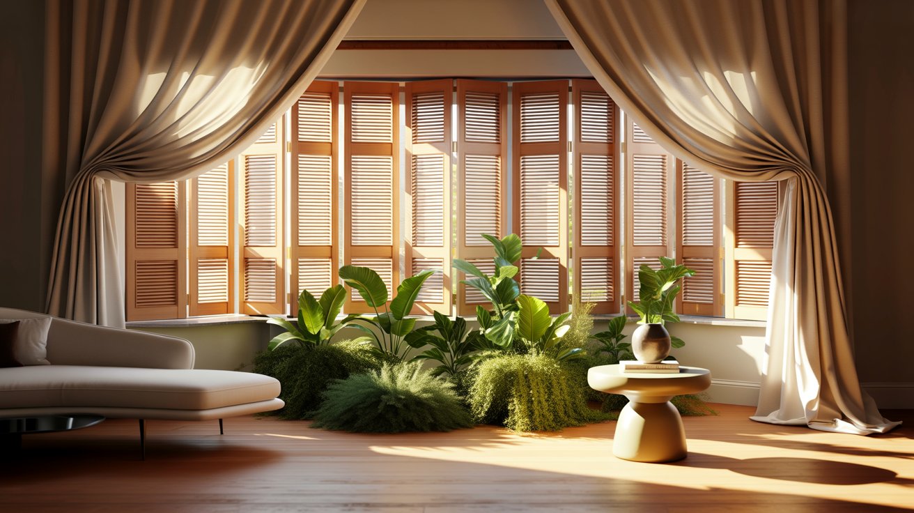 Perfect window with plantation shutters and curtains together showing soft light control, privacy, and a cozy modern living room atmosphere.