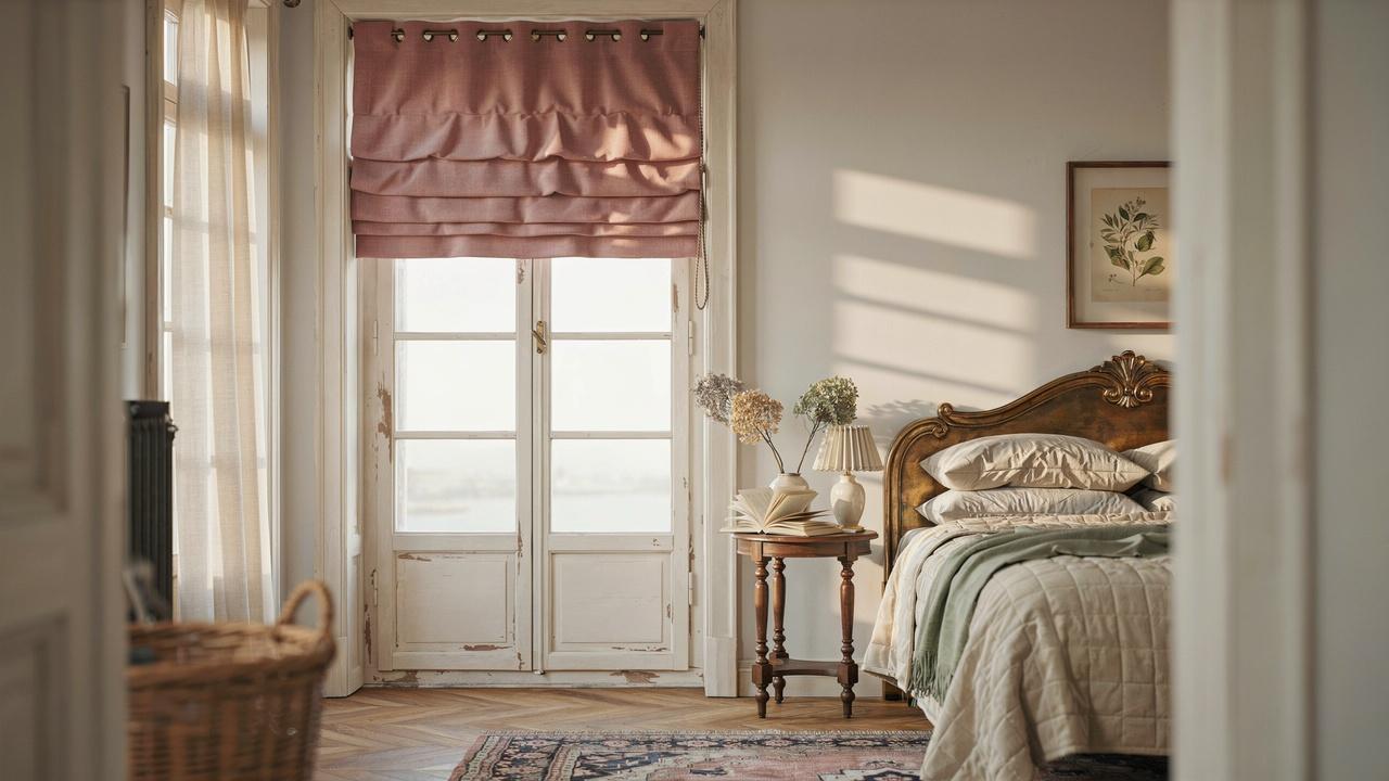 Balloon Roman shade with decorative folds.