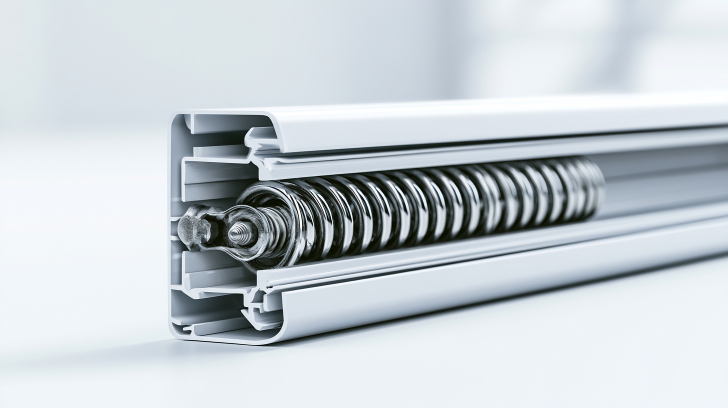Close-up view of a coiled metal spring hidden inside a cordless blind headrail.