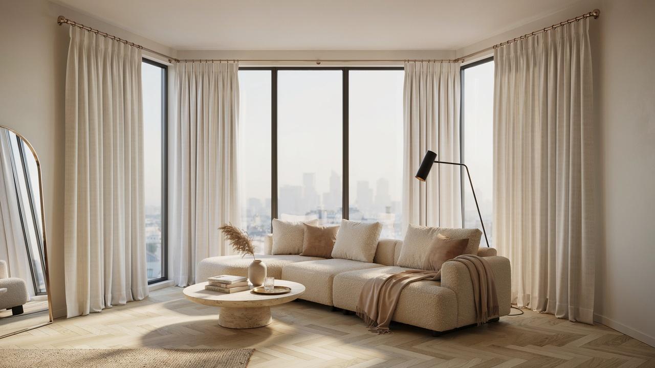 Floor-to-ceiling windows with ceiling-mounted curtains that improve the room’s height and create a grand, spacious appearance.