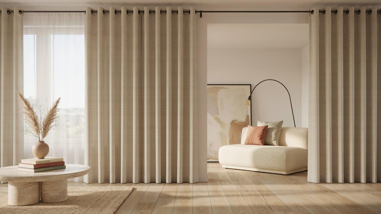 Modern living room with elegant grommet curtains featuring smooth folds and visible metal rings beside a sunlit window.