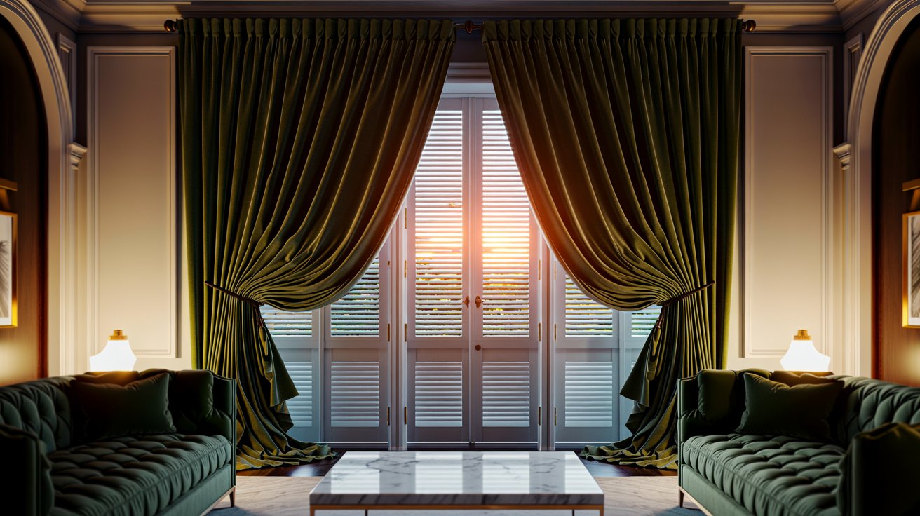 Luxurious living room window with plantation shutters and rich velvet curtains creating an elegant, high-end, and dramatic interior finish.