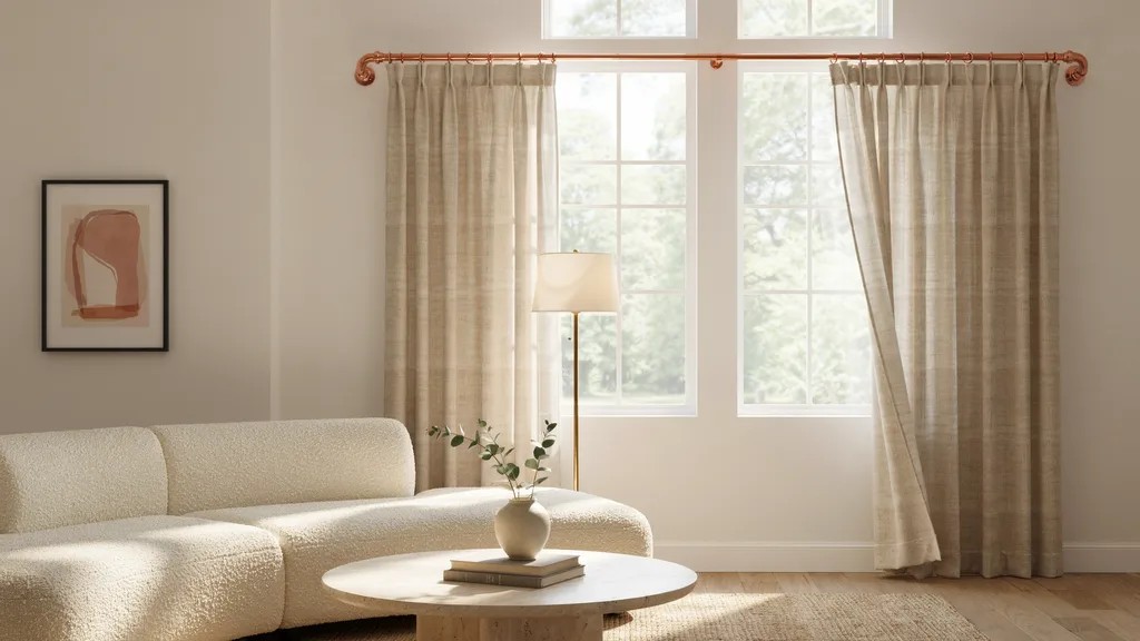 modern interior with copper pipe curtain rod warm metallic finish elegant window setup natural lighting stylish decor scene.