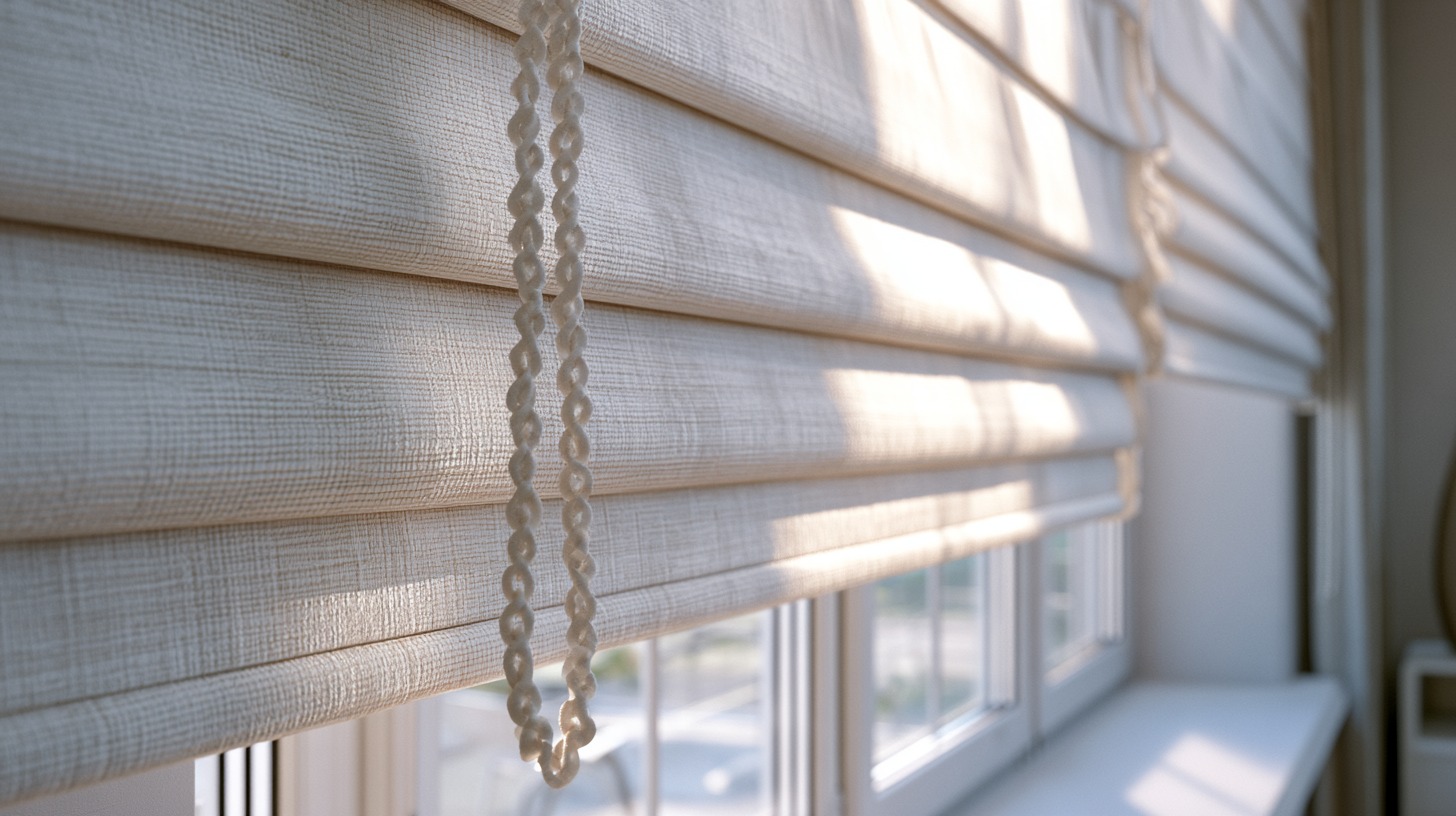 Closeup of a beaded loop cord hanging beside a soft fabric, roman shade blind by a window.