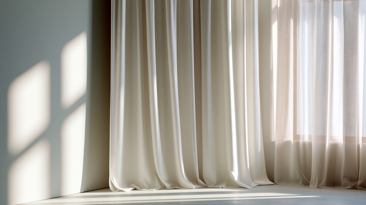 Flat panel curtain tops with smooth fabric hanging in a bright, simple modern living room setting.