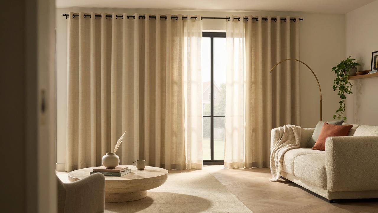Elegant grommet curtains hung high and wide with perfectly uniform folds for a designer-influenced window treatment.