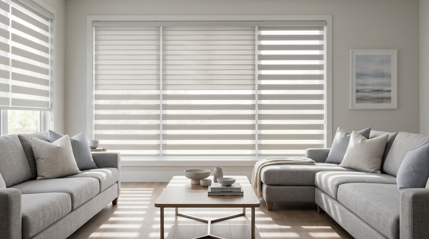Modern zebra blinds with alternating sheer and opaque stripes filtering natural light in contemporary living rooms.