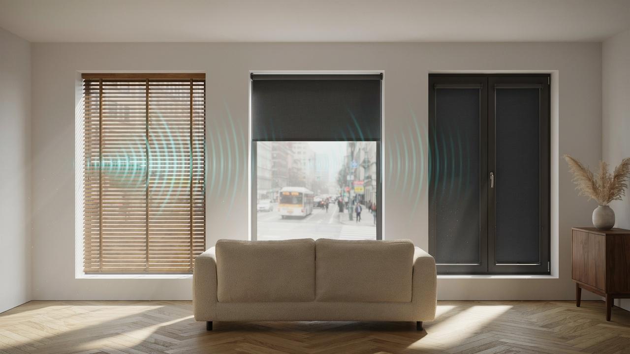 Comparison of plantation, roller, and blackout shutters showing their effectiveness in reducing outside noise.