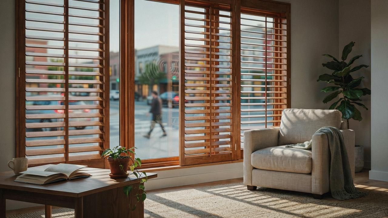 Wooden plantation shutters helping reduce everyday outdoor noise in a calm and stylish living room.