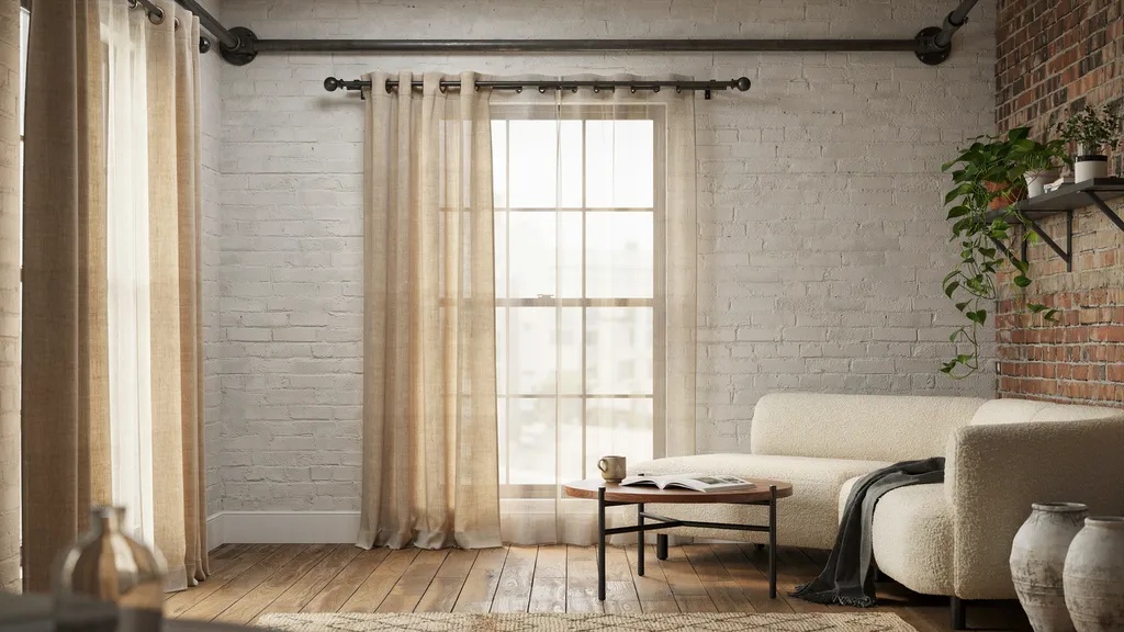modern industrial room with matte black PVC curtain rod clean DIY wall mounted window interior scene.