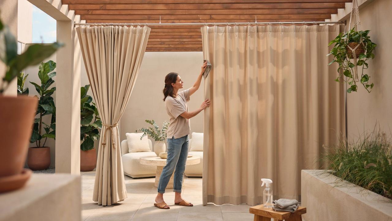Homeowner cleaning and maintaining outdoor curtains on a patio after installation.