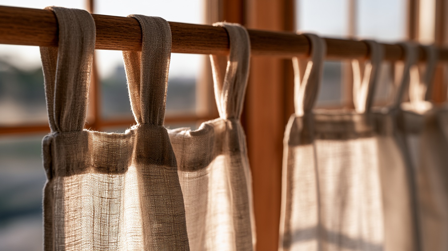 Tab-top curtains with fabric loops on a wooden rod, soft folds lit by warm sunlight.