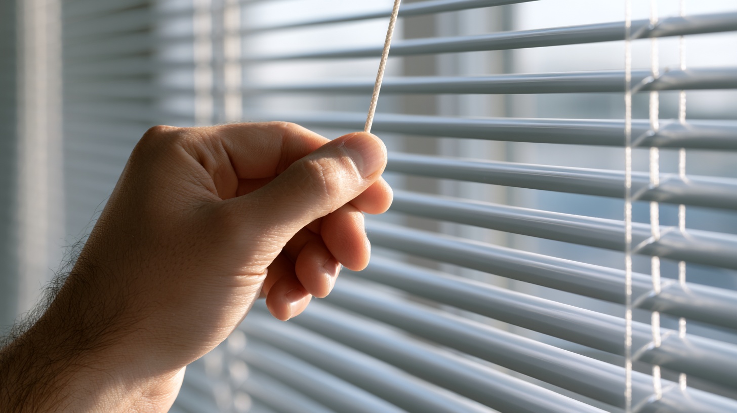Person holds a single blind cord while slowly lowering window blinds.