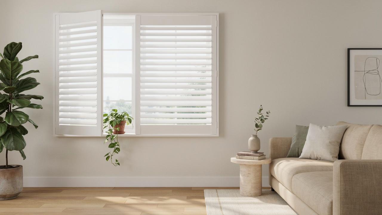 Modern living room window featuring white outside mount plantation shutters extending beyond the window frame.
