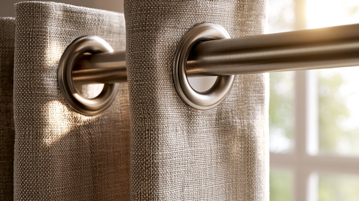 Close-up of curtain with large metal rings, rod passing through, soft fabric folds, warm light.
