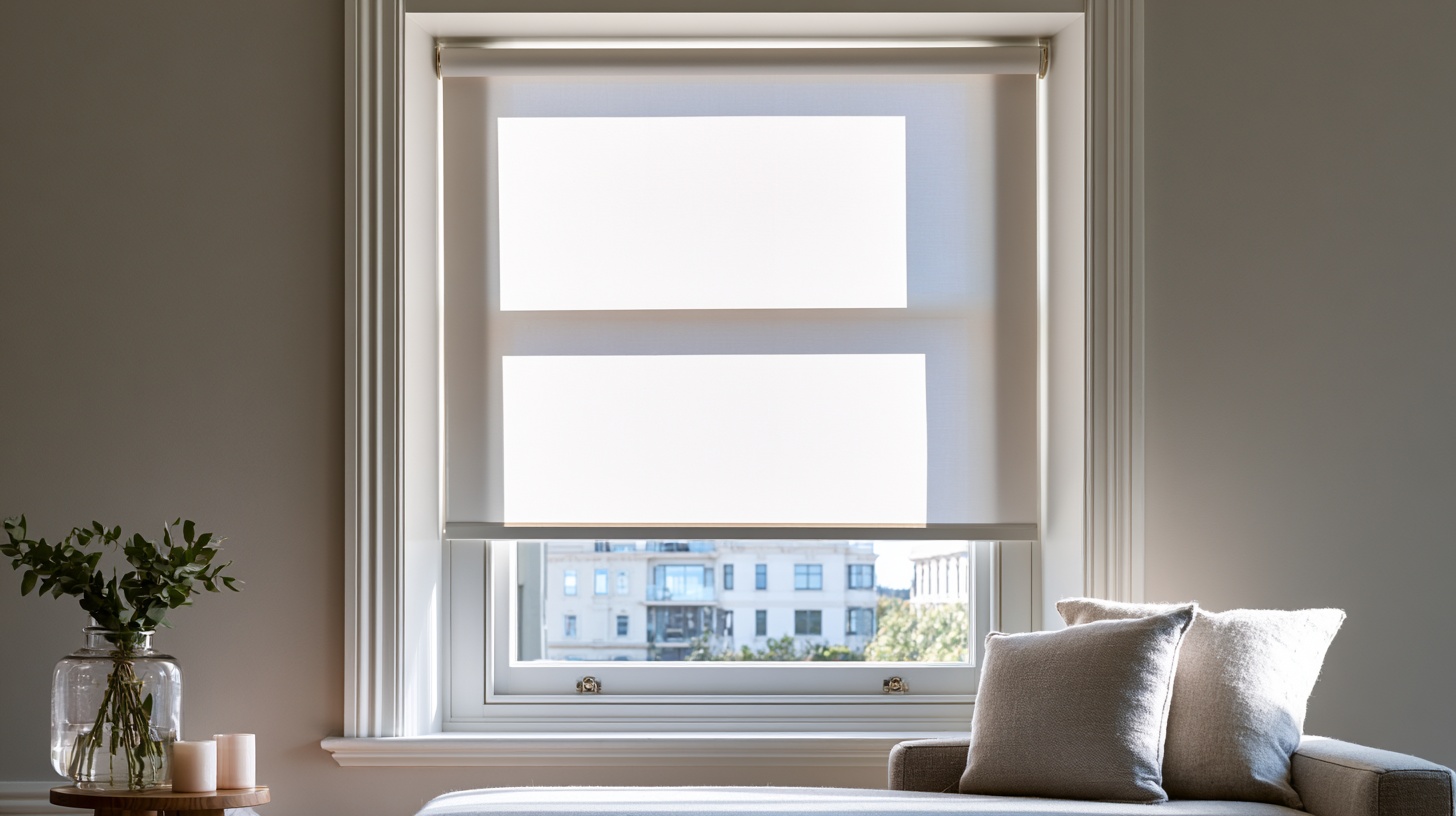Cordless roller blind half raised on a bright window in a cozy living room.